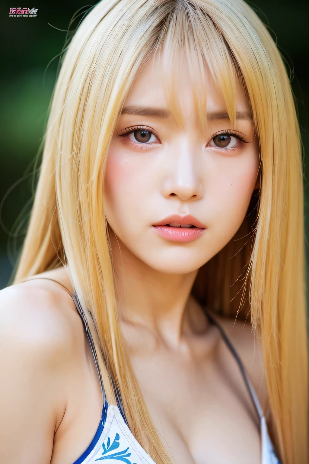 (Highly detailed body、Highly detailed face、Highest quality:1.2)、woman、blonde、big 、Breasts protruding from the swimsuit、Colored contact lenses、Tears Kuroko、Sexy Swimwear、can'I can't see my hands、4K,J Cup、Muscular body、Ocean岸、Ocean、whole body、Full Body