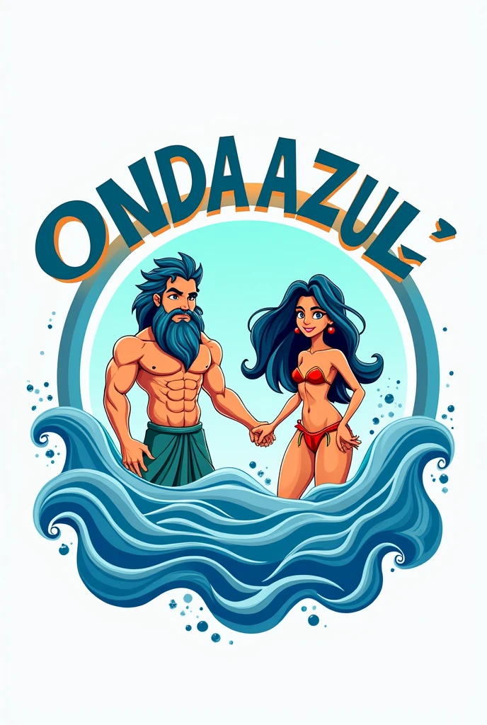 Create a brand logo where you will write ONDA AZUL in front and you will put POSEIDON and IARA, place the name centered, I need the drawings of the two in the middle, make it in a circle shape, youth drawings, name highlighted, most animated cartoon 