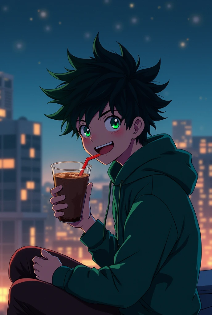 A 13-year-old My Hero Academy-style anime boy, emerald green eyes, medium messy jet black hair, a scar on his left eye, smiling and taking a chocolate drink on the dark night above a roof sitting