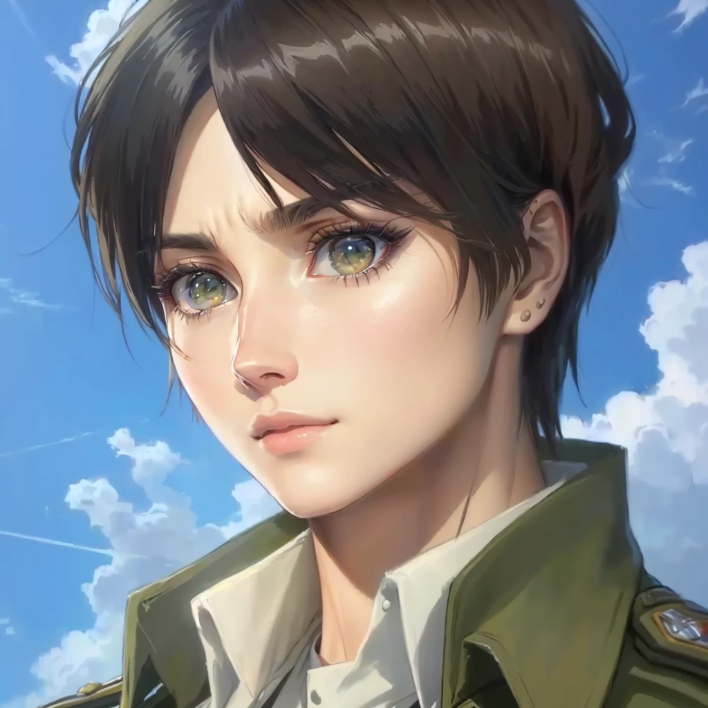 Close-up of a man in uniform looking at something, portrait of Ellen Yeager, Ellen Yeager, Ellen Yeager, from Attack on Titan, shingeki no kyojin, Levi Ackerman, (Attack on Titans anime), in Attack on Titan, Attack on Titan, Sunku, Attack on Titans, Attack on Titan anime style