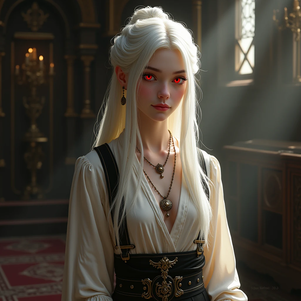 a beautiful girl, 18 years old, calm, beautiful face, vampire, bright red eyes, white long hair, pale skin, hairstyle bun at the back, An amulet around his neck, white ancient shirt, black ancient pants with armor, flat body shapes, furnishings of an old castle, sun rays, dark atmosphere