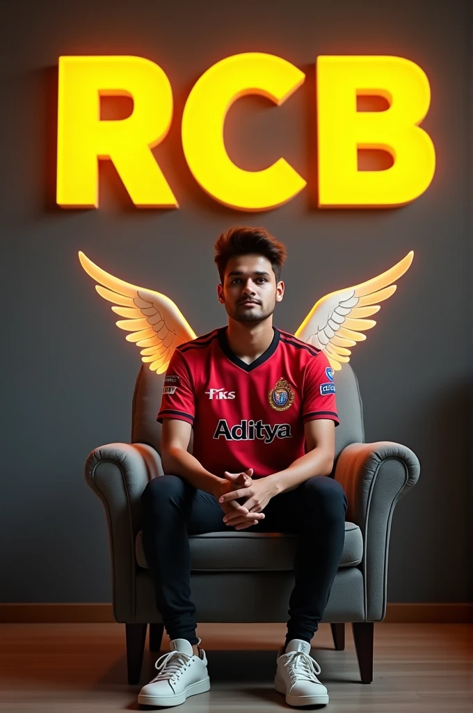 Create a 3D illusion for a profile picture where a 25 Year old  boy in a RCB ipl Jersey Sitting casually on a Wingback chair. The name "Aditya" is written in black letters on his shirt. Wearing sneakers, he looks ahead. The background features "RCB" in big and capital yellow neon light fonts on the dark grey wall. There should not be his shadow, and there are wings to make it appear as if he is an angel. "