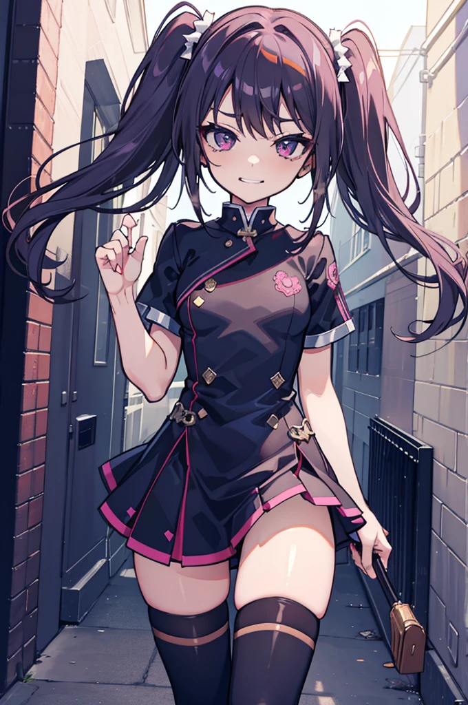 (hentai:1.1), (ideal:1.1), (perfection:1.1), (flawless:1.1), (best quality:1.2), (highest quality:1.2), dark alley, 1girl, solo, (loli:1.1), (cute little girl:1.1), cute smirk, cute face, cute outfit, skirt, long thigh high stockings, (thick thighs:0.9), small breasts, athletic body, highest quality eyes, highly detailed, 4k, best resolution, high quality shadows, beautiful quality light, best quality upscale, most beautiful upscale