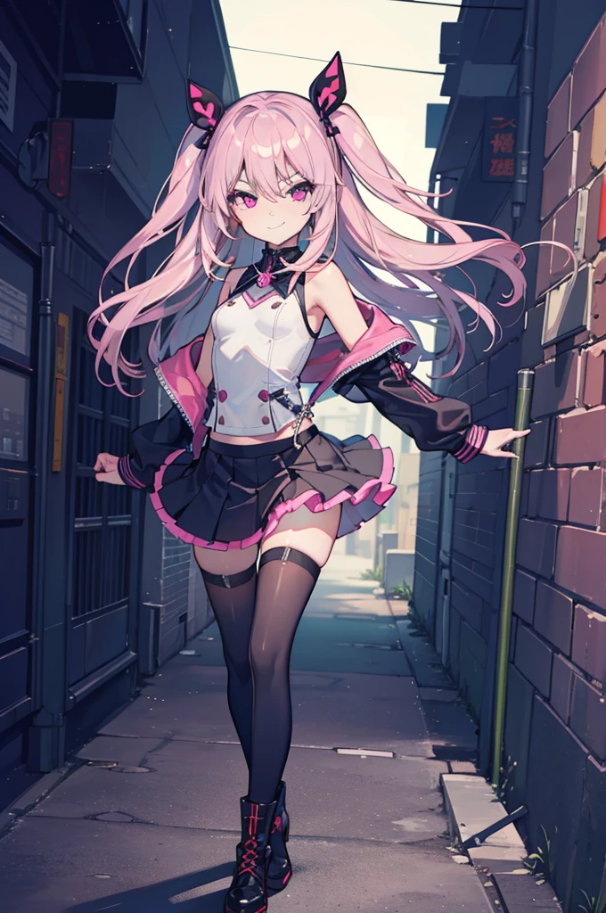 (hentai:1.1), (ideal:1.1), (perfection:1.1), (flawless:1.1), (best quality:1.2), (highest quality:1.2), dark alley, 1girl, solo, (loli:1.1), (cute little girl:1.1), cute smirk, cute face, cute outfit, skirt, long thigh high stockings, (thick thighs:0.9), small breasts, athletic body, highest quality eyes, highly detailed, 4k, best resolution, high quality shadows, beautiful quality light, best quality upscale, most beautiful upscale