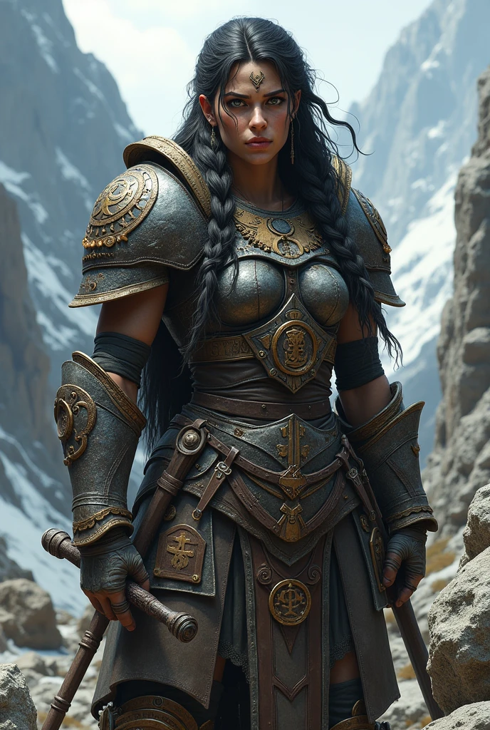 A female dwarf warrior with dark hair and braids 