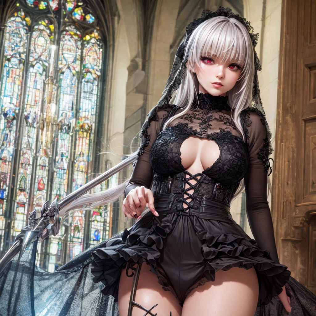 (best quality, 4k, 8k, highres, masterpiece:1.2), ultra-detailed, (realistic, photorealistic, photo-realistic:1.37), HDR, UHD, studio lighting, ultra-fine painting, sharp focus, physically-based rendering, extreme detail description, professional, vivid colors, bokeh, gothic ta, a girl in a majestic cathedral, beautiful detailed eyes, beautiful detailed lips, extremely detailed eyes and face, long eyelashes, elegant gothic dress with a skirt full of frills, red accent embroidery, long shining white hair, mysteriously glowing crimson eyes, queen, crystal flower, sparkling stained glass like a kaleidoscope, layered skirt with detailed embroidery, very layered ruffles, detailed texture, a geometric magic circle above her head, ornamented silver walking stick, the hidden forbidden sanctuary, cool pose, glamour, from below