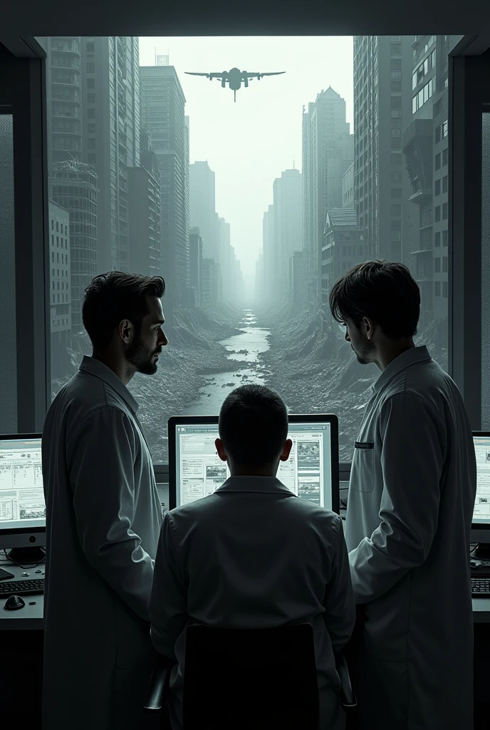 An image that tells the mystery of the area. Zero and one wallpaper of three scientists two man and one woman. seeing a destroyed city