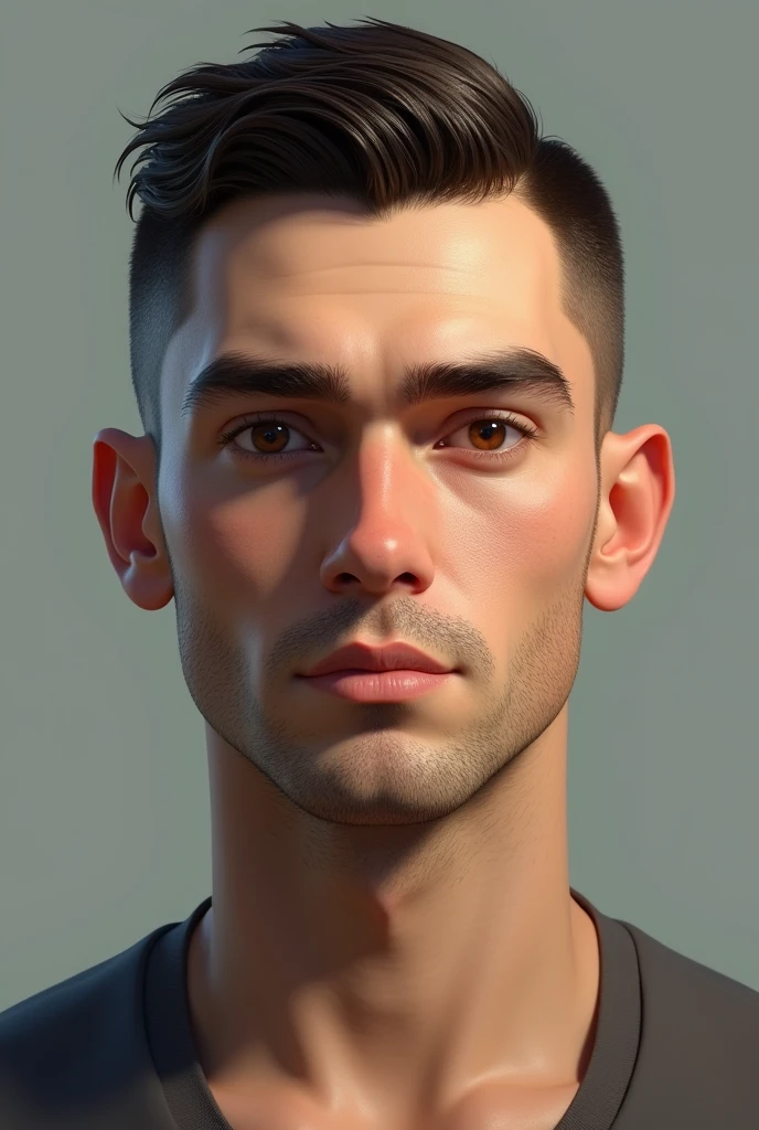 White man with thin face, round cheeks, small wide nose, brown eyes, low cut hair, thin eyebrows, no beard