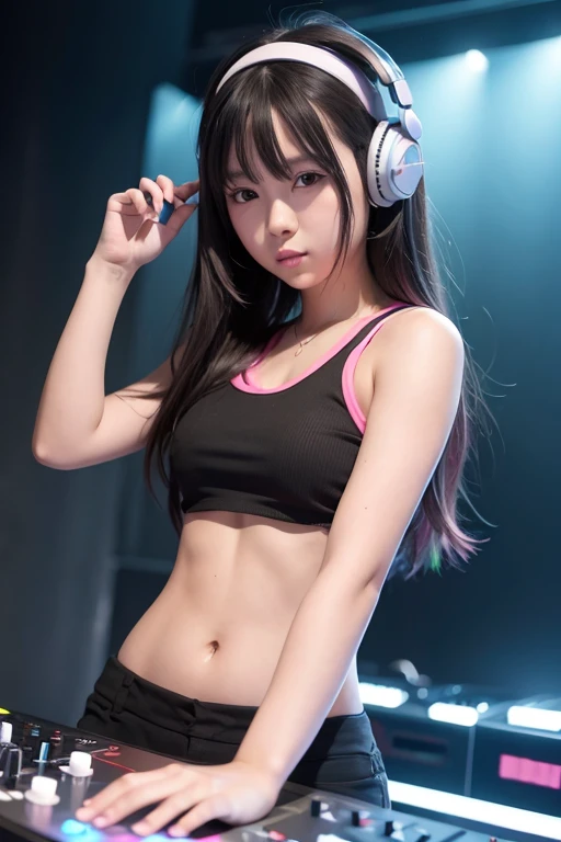 Alafede woman wearing headphones at a DJ venue, ((Expression of joy,Fleeting Woman)),Nightcore, With headphones, Kantai Collection Style, Soft lighting, With headphones, DJ Women, Anime Moe Art Style,I am a DJ,((They are very focused:1.3)), Slim figure, Highly detailed eyes and face, Beautiful and fine details, Beautiful skins, Fine details, Smooth Hair, Fine hair, Very Fine Hair, Cool makeup, vulgar、Whitening effect, Thin eyebrows and skin like thin eyebrows, DJs focus on the venue,((Scene from the venue)),((Attention is focused on the venue)),(The DJ machine is well operated)