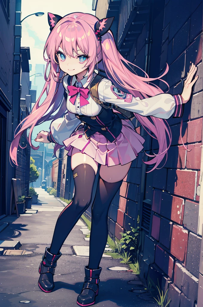 (hentai:1.1), (ideal:1.1), (perfection:1.1), (flawless:1.1), (best quality:1.2), (highest quality:1.2), dark alley, 1girl, solo, (loli:1.1), (cute little girl:1.1), cute smirk, cute face, cute outfit, skirt, long thigh high stockings, (thick thighs:0.9), small breasts, athletic body, highest quality eyes, highly detailed, 4k, best resolution, high quality shadows, beautiful quality light, best quality upscale, most beautiful upscale