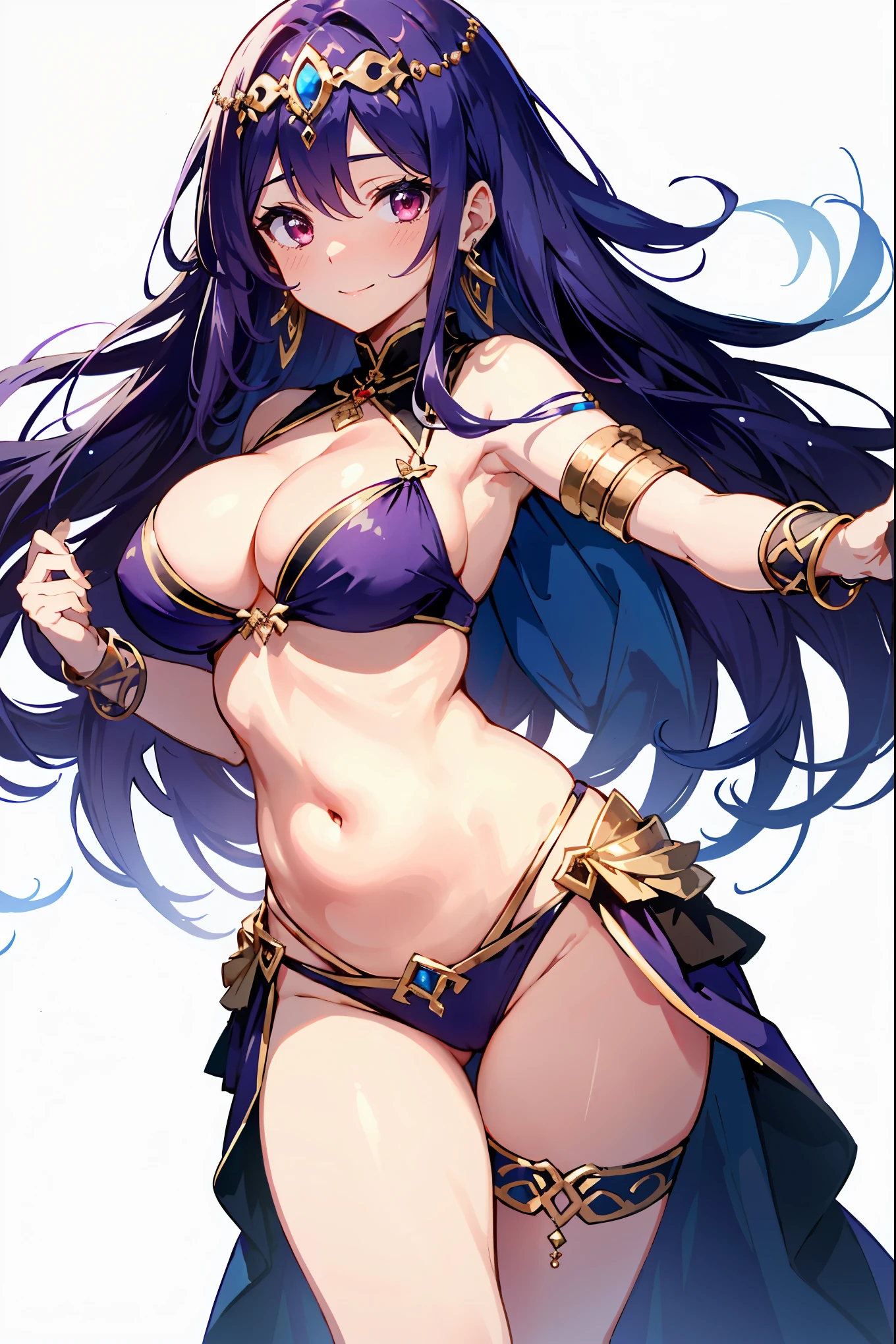 1girl, belly dancer, white background, red eyes, long hair, purple hair, harem outfit, bikini, pelvic curtain, purple costume, circlet, earrings, armlets, bracelets, bashful smile, dancing, large breasts, cleavage, soft stomach