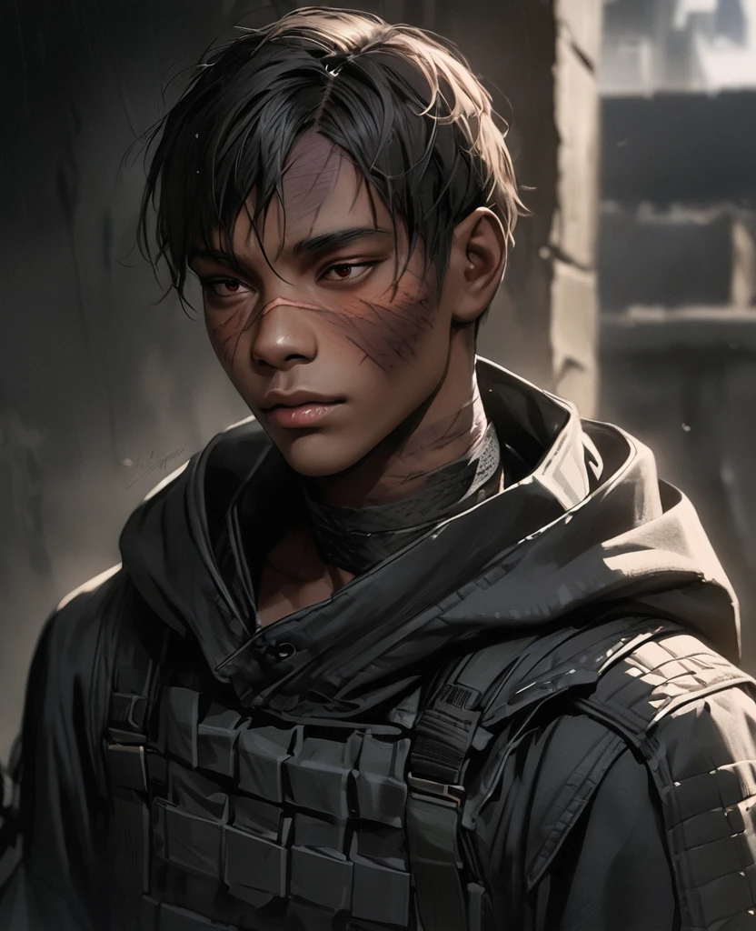 Visable burn scars, masterpiece, best quality, realistic, african man, 1man, disfigured, 21 years old, the winter soldier, burn scars on skin, burn scars on face, eyes visable, black skin, masculine features, fit, looking worn down, dark skin, kevlar armor (like swat), Post-apocalypse, hood down, burns on lower face and neck