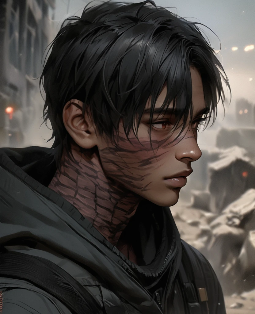 Visable burn scars, masterpiece, best quality, realistic, african man, 1man, disfigured, 21 years old, the winter soldier, burn scars on skin, burn scars on face, eyes visable, black skin, masculine features, fit, looking worn down, dark skin, kevlar armor (like swat), Post-apocalypse, hood down, burns on lower face and neck