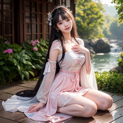 best quality, Delicate face,beautiful visual work, lifelike, eternity, black hair, Long curly hair, blunt bangs, Smile, Detailed Background, Delicate face,blush,cold,((masterpiece))、(top quality)、8k、high detail、Super detailed,21 years old female,身穿唐制Hanfu、waist skirt, Clothes are light and fluffy,Hanfu, wide sleeves, Transparent sleeves, Tunic, Clothes made of chiffon, Seductive and whimsical style、masterpiece、born、Scenes resembling fairy tale illustrations、intricate details和複雜的設計、Beautifully、magic、capricious、 Beautifully、Dream aesthetics、「𝓡𝓸𝓶𝓪𝓷𝓽𝓲𝓬、ethereal、charming、fickle、magic」、realism、Visual effects、FXAA、SSAO、Shader、voiceless、ambient lighting、Tone mapping、High resolution、Ultra high quality、Million pixels、(8K resolution:1.10)、8k、8k以下、8K resolution、high detail、intricate details, (high quality:1.2、masterpiece:1.2、:1.21)、(21 years old female:1.21)、(興奮地Smile)、(被dream般的氛圍所包圍、Model diagram,full-body shot,Normal 2 feet,Put your hands behind you,The protrusion of the breast is visible when wearing clothes, Large Breasts, H cup chest, antiquity, Xian Xia, gauze clothes, Soft and fluttering, Fairy, dream, fantasy, light, Elegant, nature, Immortal, romantic, classical, ribbon, pink clothes, By the stream, sitting, The skirt is spread on the floor
