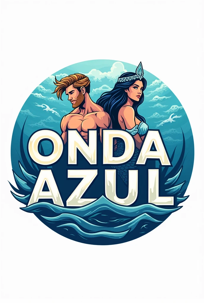Create a brand logo where you will write ONDA AZUL in front and you will put POSEIDON and IARA, place the name centered, I need the drawings of the two in the middle, make it in a circle shape, youth drawings, name highlighted