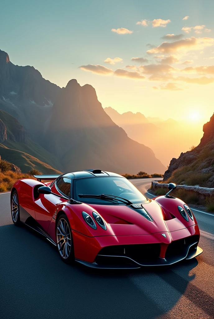 A captivating digital wallpaper showcases a sleek and elegant Pagani Huayra, color red, parked on a serpentine mountain road. The car's glossy paint job highlights its intricate and complex design, exuding power and luxury. The vibrant sky is filled with a breathtaking view of the azure heavens above and the golden sun setting behind the horizon. The cinematic atmosphere creates a stunning visual treat for automobile enthusiasts., cinematic, photo, vibrant