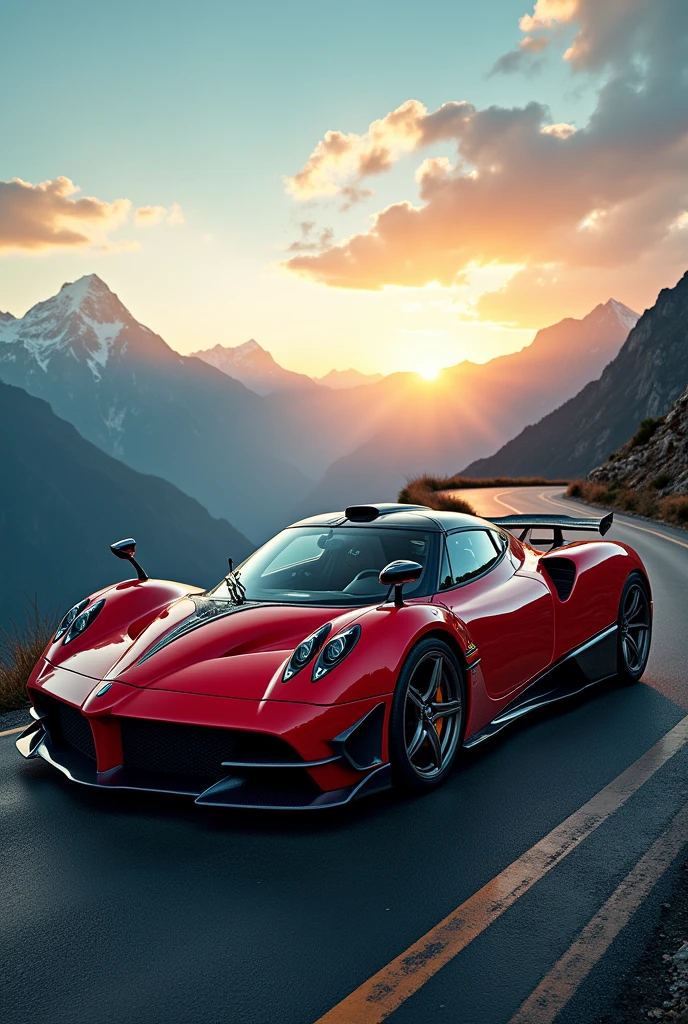 A captivating digital wallpaper showcases a sleek and elegant Pagani Huayra, color red, parked on a serpentine mountain road. The car's glossy paint job highlights its intricate and complex design, exuding power and luxury. The vibrant sky is filled with a breathtaking view of the azure heavens above and the golden sun setting behind the horizon. The cinematic atmosphere creates a stunning visual treat for automobile enthusiasts., cinematic, photo, vibrant
