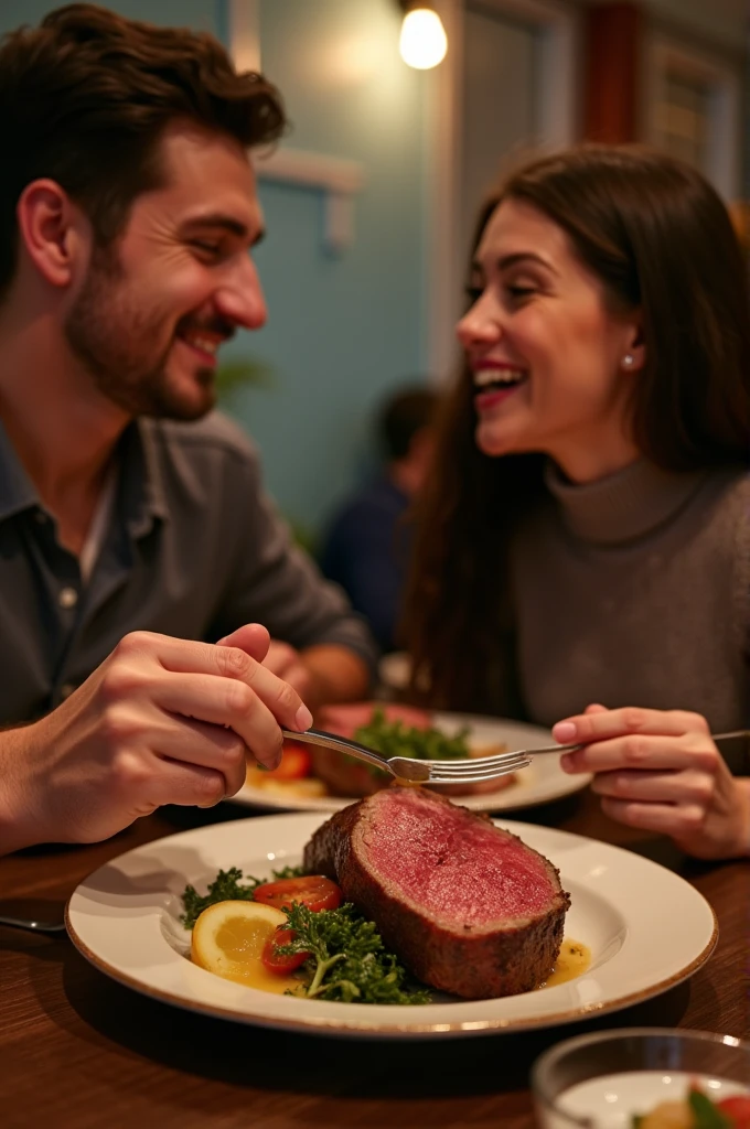 Photo style, eating meat with a girl, with the main image being the food.