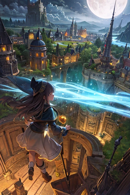 masterpiece, best quality, ultra-detailed, illustration, 1girl, solo, fantasy, flying, broom, night sky, outdoors, magic, spells, moon, stars, clouds, wind, hair, cape, hat, boots, broomstick, glowing, mysterious, enchanting, whimsical, playful, adventurous, , wonder, imagination, determination, skill, speed, movement, energy, realism, naturalistic, figurative, representational, beauty, fantasy culture, mythology, fairy tales, folklore, legends, witches, wizards, magical creatures, fantasy worlds, composition, scale, foreground, middle ground, background, perspective, light, color, texture, detail, beauty, wonder.