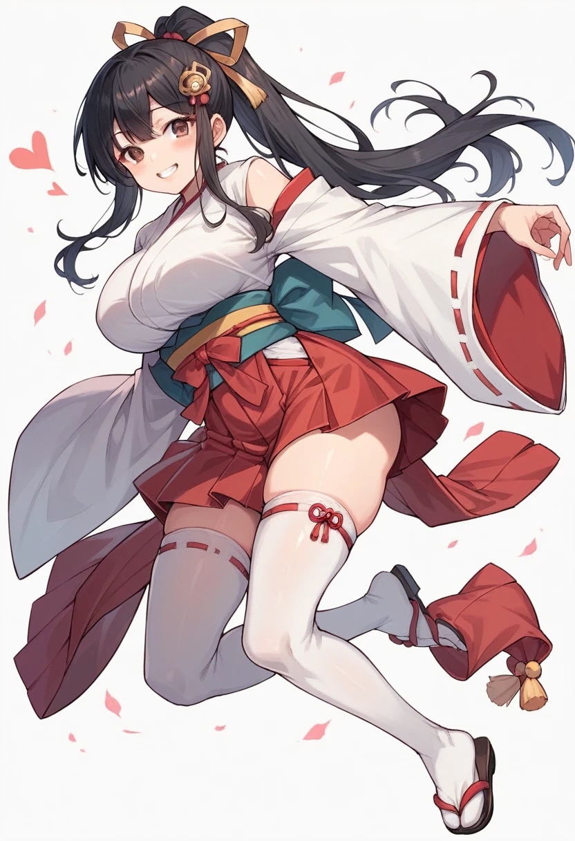 1girl, solo, long hair, breasts, looking at viewer, blush, smile, bangs, skirt, large breasts, simple background, black hair, hair ornament, thighhighs, long sleeves, white background, brown eyes, underwear, full body, ponytail, heart, thighs, japanese clothes, wide sleeves, kimono, grin, white thighhighs, sash, skindentation, obi, sandals, tassel, ribbon trim, hakama, hakama skirt, ribbon-trimmed sleeves, white kimono, miko, tabi, hakama short skirt, red hakama, ribbon-trimmed legwear, zouri