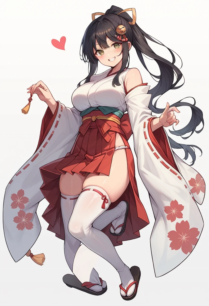 1girl, solo, long hair, breasts, looking at viewer, blush, smile, bangs, skirt, large breasts, simple background, black hair, hair ornament, thighhighs, long sleeves, white background, brown eyes, underwear, full body, ponytail, heart, thighs, japanese clothes, wide sleeves, kimono, grin, white thighhighs, sash, skindentation, obi, sandals, tassel, ribbon trim, hakama, hakama skirt, ribbon-trimmed sleeves, white kimono, miko, tabi, hakama short skirt, red hakama, ribbon-trimmed legwear, zouri