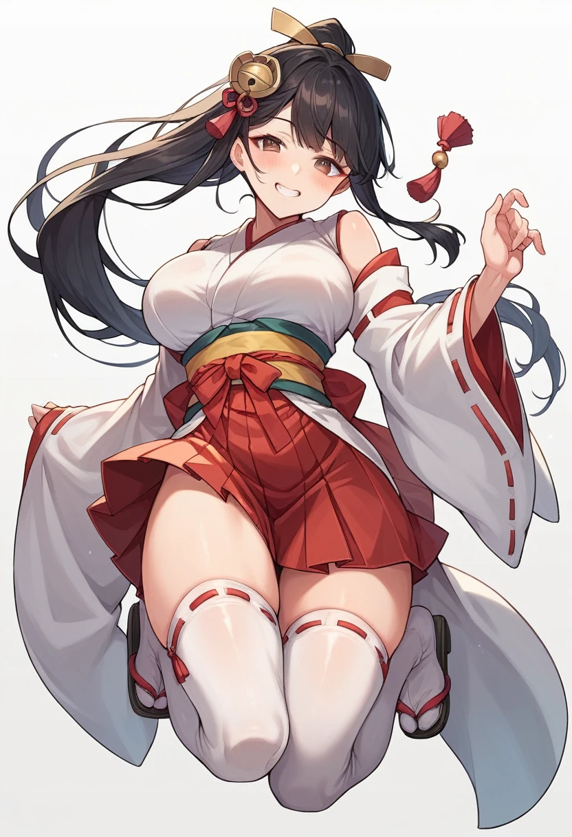 1girl, solo, long hair, breasts, looking at viewer, blush, smile, bangs, skirt, large breasts, simple background, black hair, hair ornament, thighhighs, long sleeves, white background, brown eyes, underwear, full body, ponytail, heart, thighs, japanese clothes, wide sleeves, kimono, grin, white thighhighs, sash, skindentation, obi, sandals, tassel, ribbon trim, hakama, hakama skirt, ribbon-trimmed sleeves, white kimono, miko, tabi, hakama short skirt, red hakama, ribbon-trimmed legwear, zouri