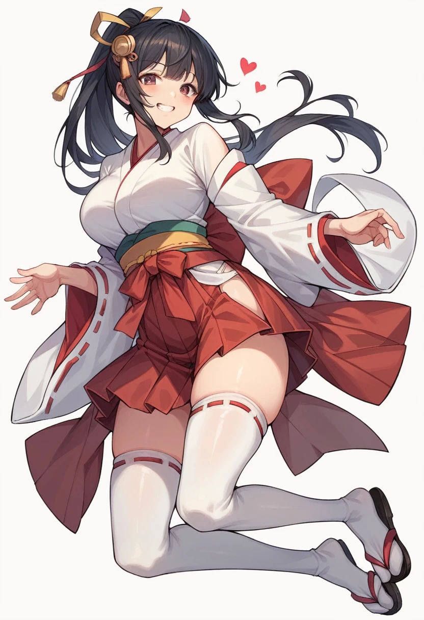 1girl, solo, long hair, breasts, looking at viewer, blush, smile, bangs, skirt, large breasts, simple background, black hair, hair ornament, thighhighs, long sleeves, white background, brown eyes, underwear, full body, ponytail, heart, thighs, japanese clothes, wide sleeves, kimono, grin, white thighhighs, sash, skindentation, obi, sandals, tassel, ribbon trim, hakama, hakama skirt, ribbon-trimmed sleeves, white kimono, miko, tabi, hakama short skirt, red hakama, ribbon-trimmed legwear, zouri