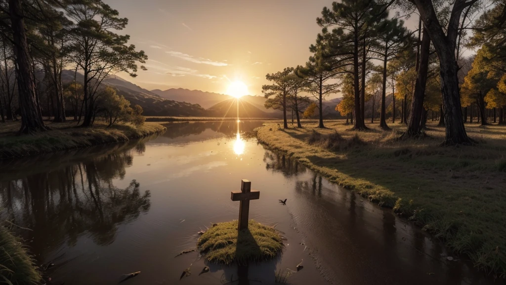 Generate images of South American and European nature, add dark tones to the images, and a beautiful strong orange sun, focus on the sun in the images with an air of hope and faith... Size 16:9 thumbnail style, when you can fit it add a cross wood in the background in the images. research before you start, and reflect.