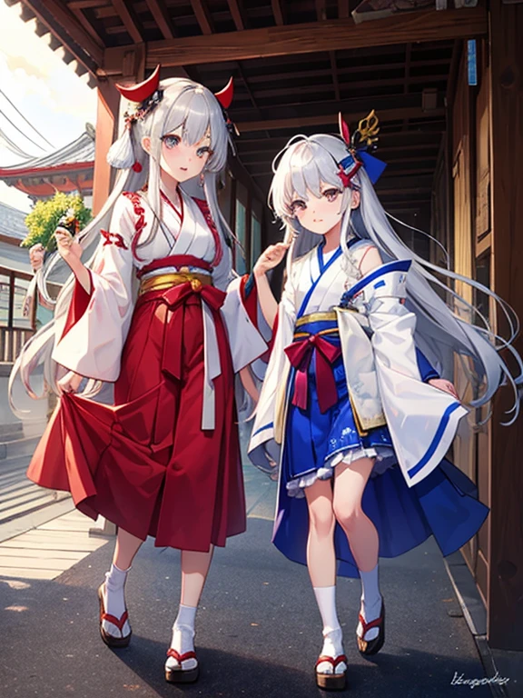 Two Girls、Shrine maiden、Kagura dance、Silver Hair、緑Silver Hair、Ruby eyes、Rainbow Eyes、Full body portrait、Costumes with long hems