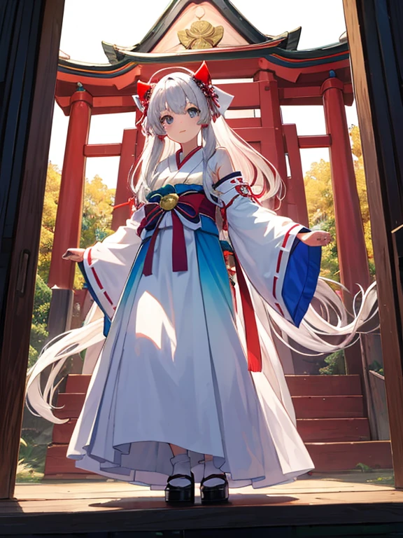 Two Girls、Shrine maiden、Kagura dance、Silver Hair、緑Silver Hair、Ruby eyes、Rainbow Eyes、Full body portrait、Costumes with long hems
