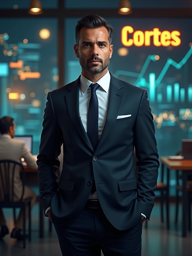 "A full-body image of a man standing, resembling Pablo Marçal, dressed in an elegant dark suit. The background suggests themes of money, featuring financial growth charts, currency symbols, or other prosperity symbols. In the background, there is a prominent logo with the word 'Cortes' displayed."