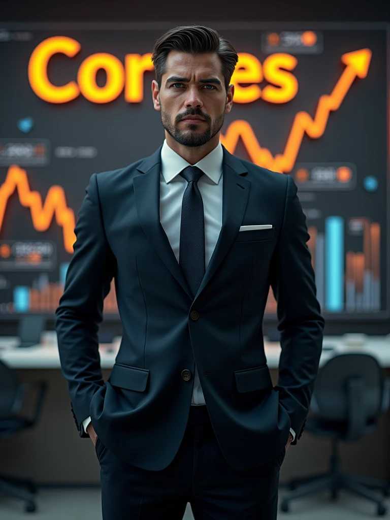 "A full-body image of a man standing, resembling Pablo Marçal, dressed in an elegant dark suit. The background suggests themes of money, featuring financial growth charts, currency symbols, or other prosperity symbols. In the background, there is a prominent logo with the word 'Cortes' displayed."