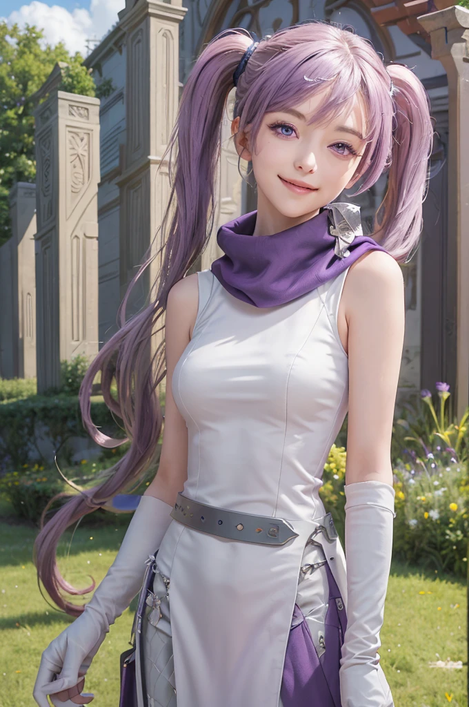 masterpiece, best quality, serra, purple eyes, long white dress, sleeveless, elbow gloves, purple scarf, belt, upper body, field, church exterior, outdoors, sky, smile, smug, looking at viewer, winking, head tilt 