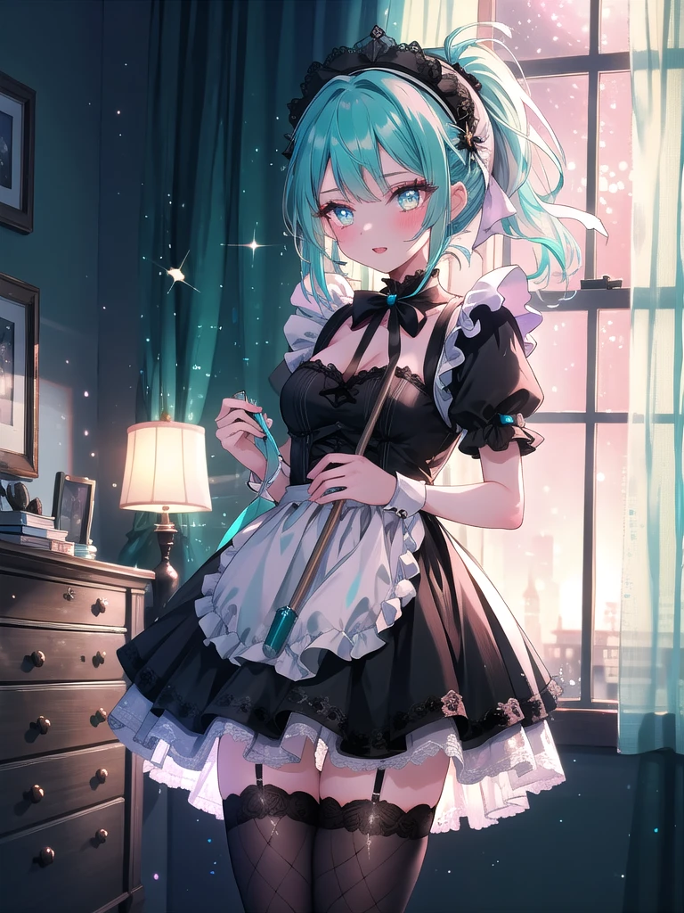 ((8k, Highest quality, masterpiece: 1.3)),Ultra-high resolution,(1 girl, alone), (Color changing eyes, Ultra-detailed, Expressive brilliance, Glitter, Glowing Eyes), Highly detailed eyes, Highly detailed face, Random Hair, ((pastel colour)),A mischievous young woman with pastel teal hair styled into a high ponytail, standing by her window in her dimly lit bedroom during the early hours of the night. She is dressed in a naughty maid cosplay, wearing a short black dress with white lace accents, a matching headpiece, and fishnet stockings. The camera captures her from a frontal angle as she holds a feather duster playfully in one hand, her expression cheeky and alluring. The room is softly lit by the moonlight filtering through the curtains, with a polished dresser and a few scattered cleaning supplies adding to the playful yet seductive atmosphere.(nsfw)