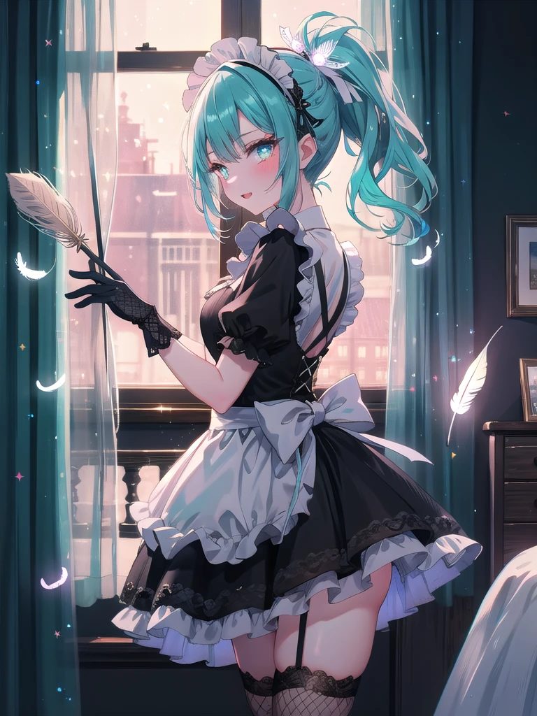 ((8k, Highest quality, masterpiece: 1.3)),Ultra-high resolution,(1 girl, alone), (Color changing eyes, Ultra-detailed, Expressive brilliance, Glitter, Glowing Eyes), Highly detailed eyes, Highly detailed face, Random Hair, ((pastel colour)),A mischievous young woman with pastel teal hair styled into a high ponytail, standing by her window in her dimly lit bedroom during the early hours of the night. She is dressed in a naughty maid cosplay, wearing a short black dress with white lace accents, a matching headpiece, and fishnet stockings. The camera captures her from a frontal angle as she holds a feather duster playfully in one hand, her expression cheeky and alluring. The room is softly lit by the moonlight filtering through the curtains, with a polished dresser and a few scattered cleaning supplies adding to the playful yet seductive atmosphere.(nsfw)