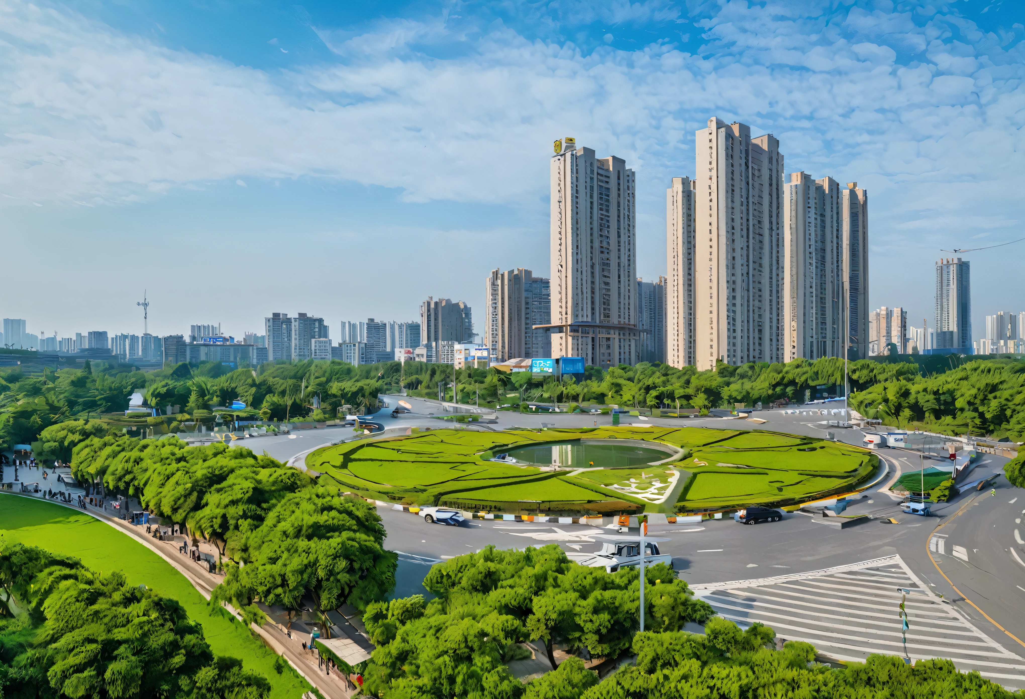 araffature view of a 城市 with a circular park in the middle, Rural City, baotou china, Shenzhen, the 城市 is full of green plants, grass field surrounding the 城市, Wide-angle lens, Wide-angle lens, ruanjia, Beijing, super wide view of a 城市scape, shutter, Looking out of the windows of the metropolis, Beautiful images,Blue sky and white clouds,RAW,uhd,8k,Detailed Details,Best quality,Perfect color matching,Cinematic atmosphere,Masterpieces shot by international photography masters,National Geographic Photography Award Winners