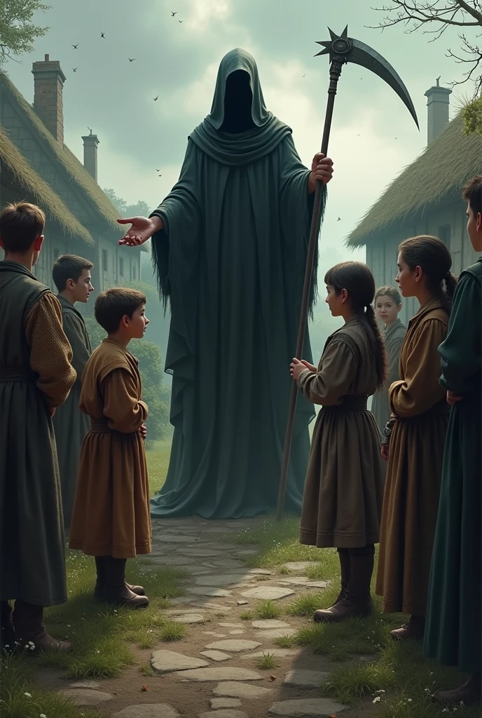 Young medieval villagers make a pact with death