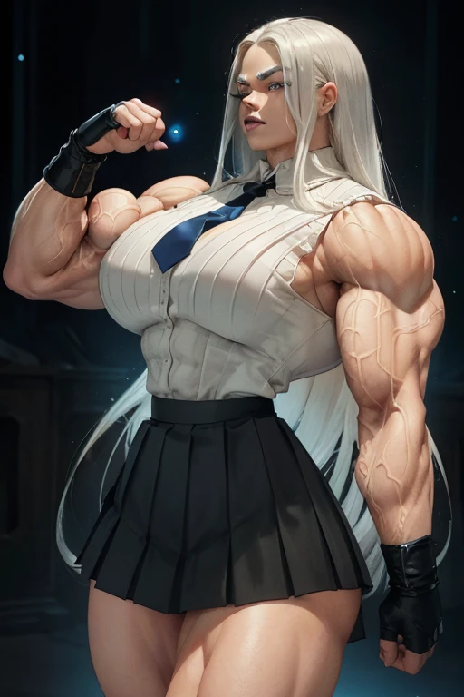 ((Close-up)), tall, (White hair) beautiful muscular woman, long straight hair, light brown skinned, closed smile, (black lipstick), (massive muscles), (hyper muscle), ((ginormous bulky muscles)), (((glowing blue eyes with no pupils))), (((white bra))), (((long black pleated skirt with belt))), (fingerless gloves), (powerful stance), necktie, boots, in a starry field,