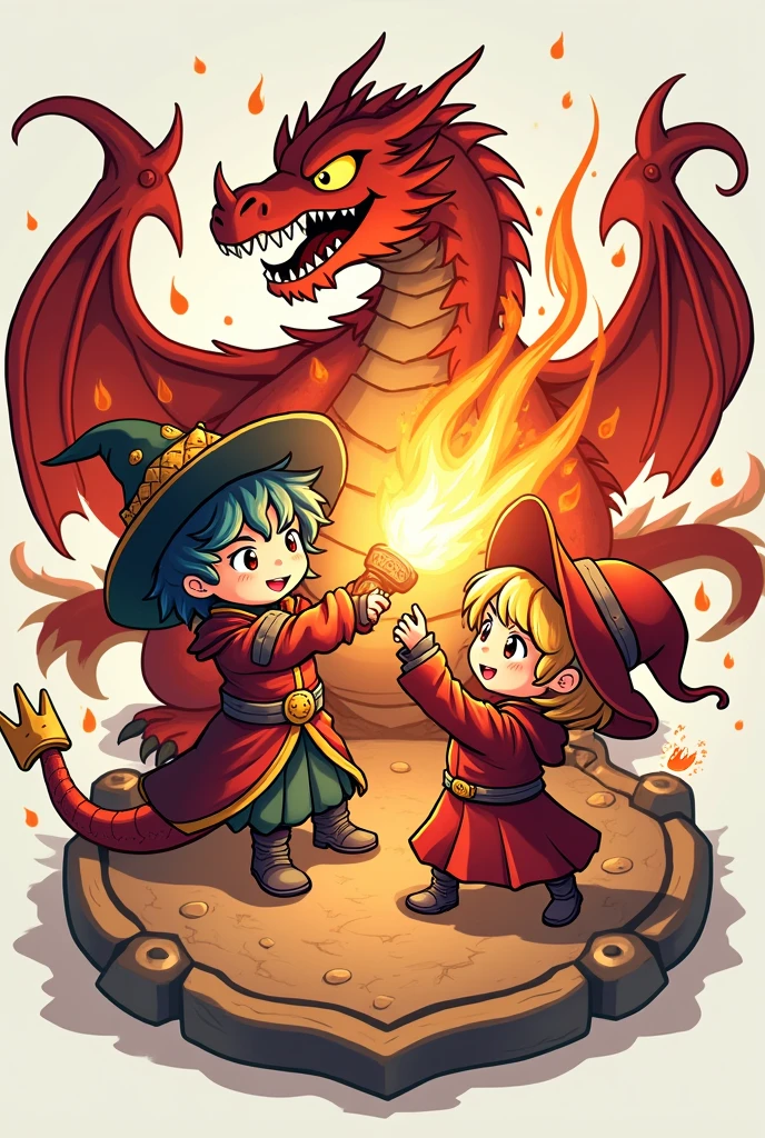 Collection of 2 images of maternity coat of arms with Fire Wizard fighting with dragon in chibi style