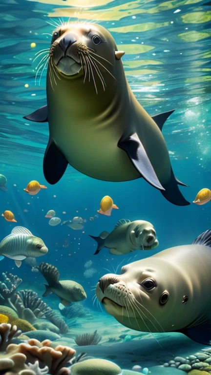 a sea lion playing and a seal with a starfish on a coral surrounded by seahorses in a tropical water sea