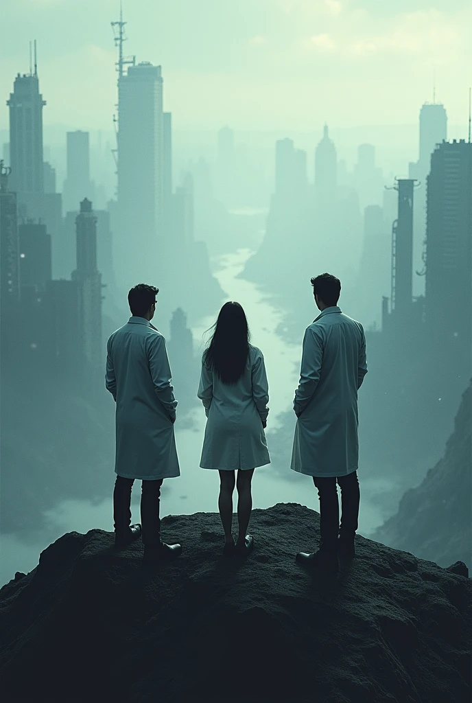 An image that tells the mystery of the area. Zero and one wallpaper of three scientists two man and one woman. watching a destroyed city from the top of a mountain