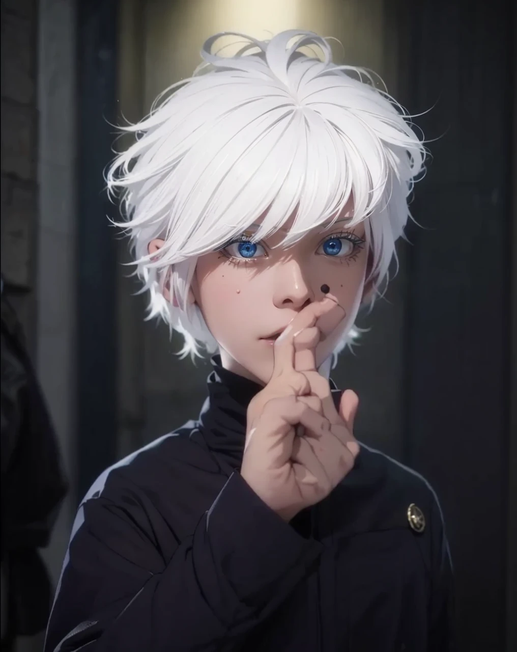 ( GOJO SATURO_JUJUTSU NO KAISEN),((realistic, photorealistic)),(highlight hair)), Light reflection, (( HD )),((upper body)), (((best quality, masterpiece))), (masterpiece) (best quality) (detail) (8k) (HDR) (wallpaper) (cinematic lighting) (sharp focuasterpiece, best quality: 1.1), Real life adaption of this character, realistic outfit, realistic shadow, realistic light, realism, hyper realistic, realistic background,realistic hair,(photorealistic:1.2), (masterpiece: 1.2), (best quality: 1.3), (clear details: 1.3), ((((ultra-detailed)))), ((detailed eyes)), (extremely detailed face:1.4), (highly detailed eyelash:1.6), Ada_re4, (sitting),(beautiful face:1.5), (Masterpiece, Top Quality: 1.2), (((satoru gojo, white hair, blue eyes, white eyelashes, white skin))), 1boy, simple background, smileIncrs404,english text,Written On Clothes,1male,portrait,satoru gojo,white hair,short hair,hair between eyes,blue eyes,colored eyelashses,(thumbs_up:1.4),(cowboy_shot:1.3),Shibuya station background,Stabbing the body