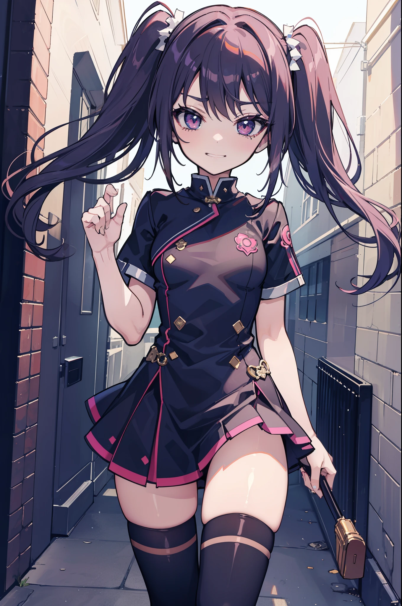 (hentai:1.1), (ideal:1.1), (perfection:1.1), (flawless:1.1), (best quality:1.2), (highest quality:1.2), dark alley, 1girl, solo, (loli:1.1), (cute little girl:1.1), cute smirk, cute face, cute outfit, skirt, long thigh high stockings, (thick thighs:0.9), small breasts, athletic body, highest quality eyes, highly detailed, 4k, best resolution, high quality shadows, beautiful quality light, best quality upscale, most beautiful upscale