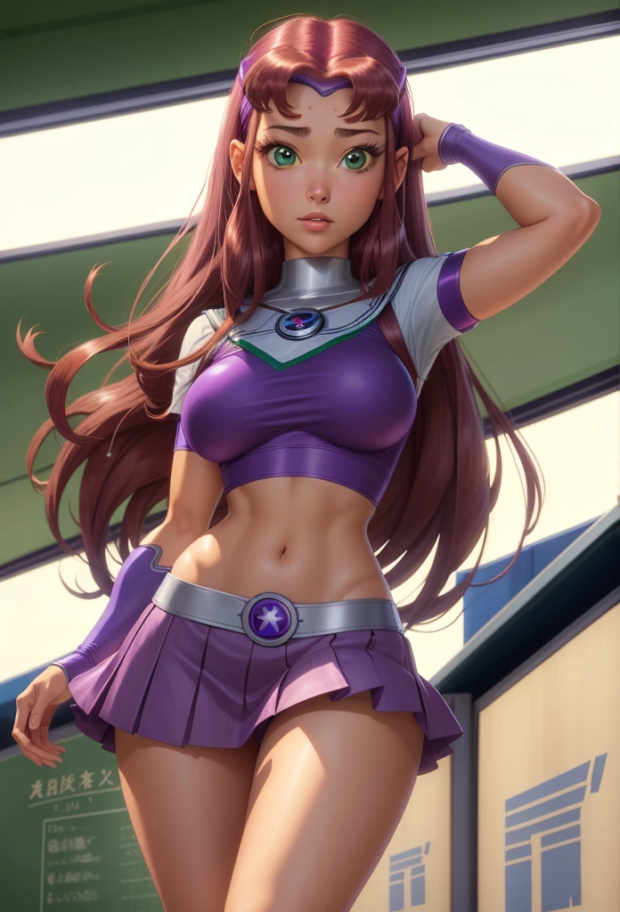 Masterpiece,Solo,One Girl,Starfire,( Titans),Big Breasts,Perfect Body,Ultra High Quality,Ultra High Resolution,Photograph 16K,Ultra Detailed,Long Hair,Hairband,Beautiful,Beautiful Woman,Theme School Girl,School Girl Short Sleeve Japanese,Short Skirt,Classroom Background,Green Eyes