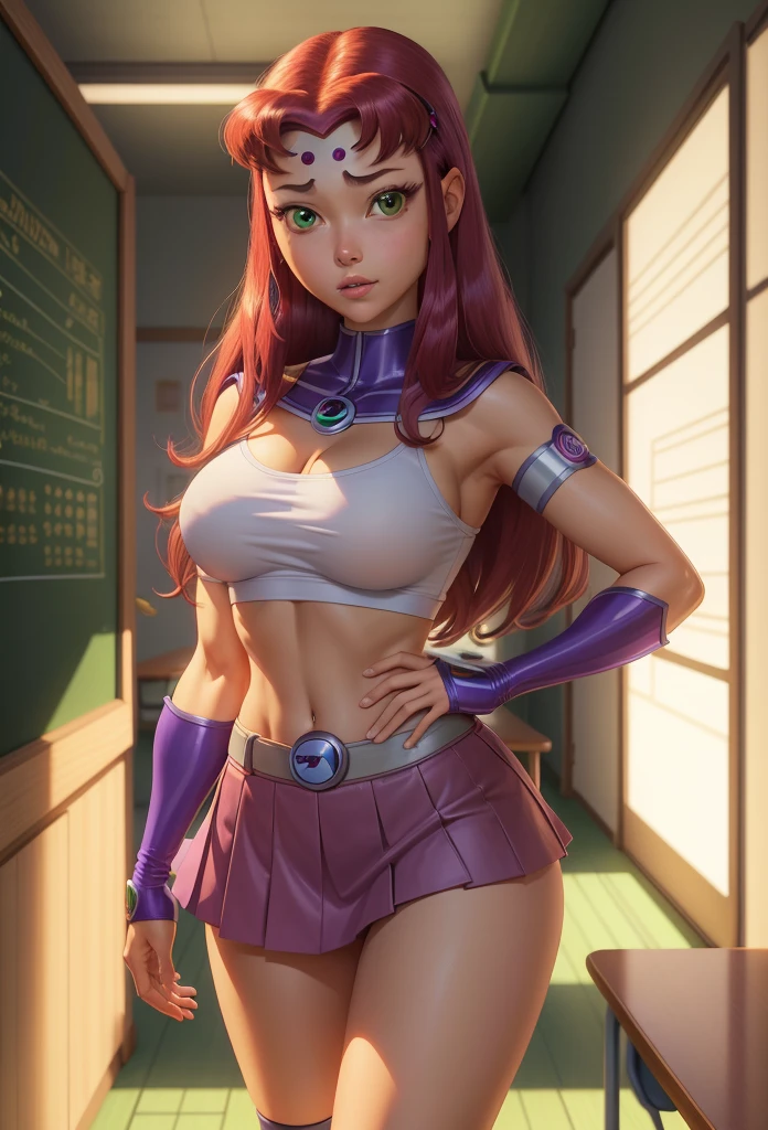 Masterpiece,Solo,One Girl,Starfire,(Teen Titans),Big Breasts,Perfect Body,Ultra High Quality,Ultra High Resolution,Photograph 16K,Ultra Detailed,Long Hair,Hairband,Beautiful,Beautiful Woman,Theme School Girl,School Girl Short Sleeve Japanese,Short Skirt,Classroom Background,Green Eyes 