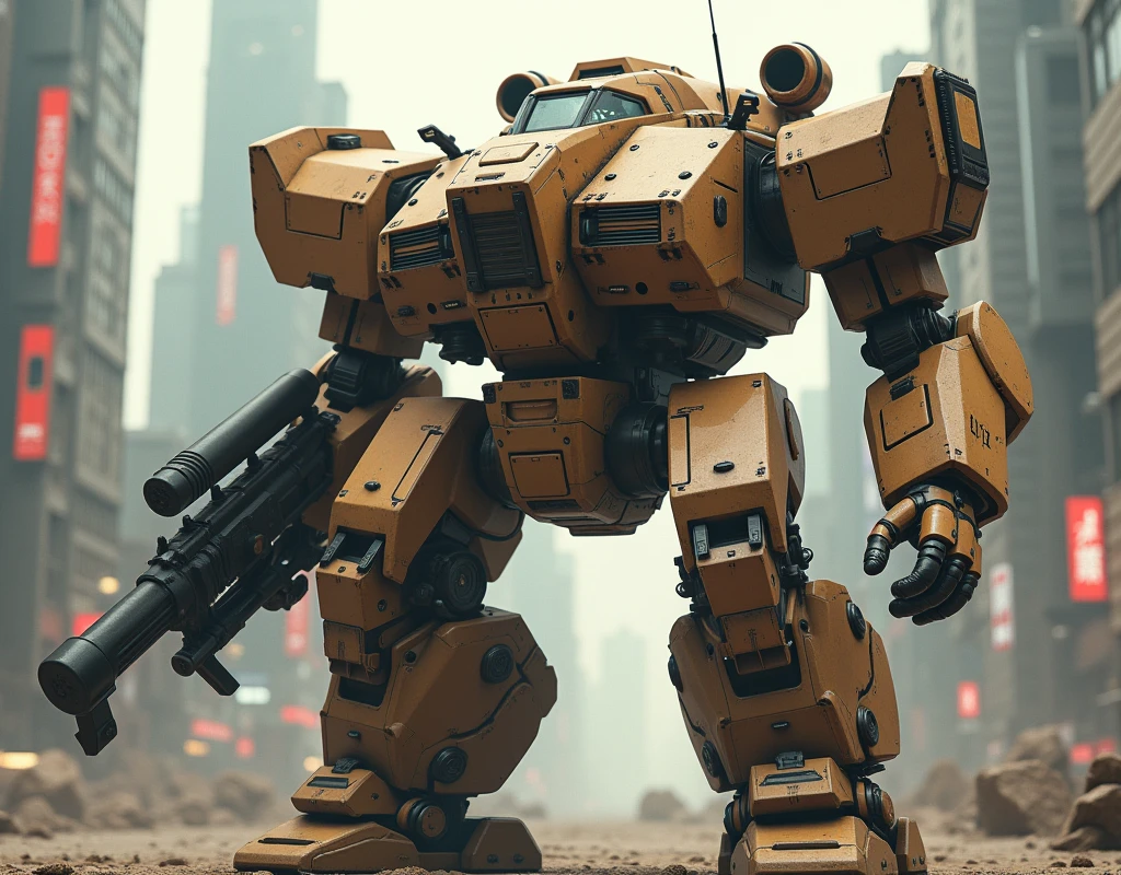 (photorealism:1.2), (Epic), (Front mission), cyberpunk futuristic mecha, military mecha, heavy armored, advanced tech style, light brown painting, armamento pesado, misille launcher showlder,