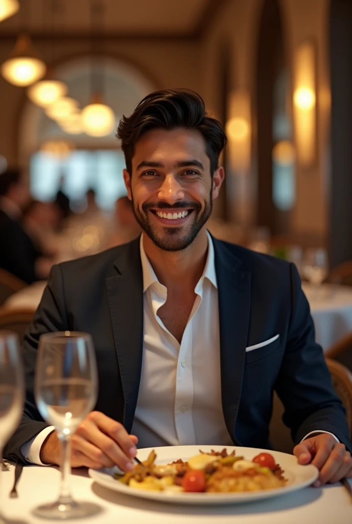 A young adult man with light brown skin, black hair and black eyes happy enjoying having economic stability eating in restaurants