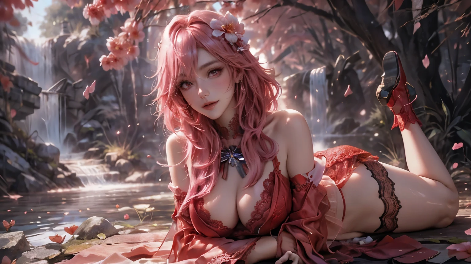Landscape of an woman, Landscape of a very beautiful woman, (((cowboy shot))), ((Exposed Eyes))!!, full body photography with Fujifilm XT3, depth of field, film grain, female focus, exposed eyes, Yuzuriha Inori/(Guilty Crown/), anime style, (((Lying down)))!!!, (flower plain)!!, (leaning against a single tree)!!, waterfall, There are birds in the sky, There are butterflies, japanese shrine, The sky is blue, looks at the camera with Beautiful red pupil's eyes, (Beautiful red pupil's eyes like Ruby :1.40)!!, (((homochromatic eyes)))!!!, Stars in her fixed eyes, Ultra detailed eyes, seductive smile, beautiful smile, gorgeous smile, (Blush)!! Perfect nose, Cute little nose, Earrings, beatiful face, Face Clean, Skin, hyper realistic, Incredibly detailed face, hyper detailed face, A face with a lot of detail, Perfect eye shadow, wink, Hyper-Detailed Eyes, Hyper-detailing of eyebrows, Hyper-detailed eyelashes, pink hair between eyes, pink hair bangs, (ultra shine pink hair)!!, (smooth straight thin hair with double tassel)!!, ((dynamic composition)), ((Bare Shoulders))!!, detached sleeves, (((wear red lace lingerie)))!!!, (red lace lingerie)!!, black miniskirt with red belt, detailed realistic clothes, neck garter, seductive armpit, plump breasts, (Breasts Cleavage)!!, ultra seductive temptation, charming pose, open skirt, (lace crotch)!!, slim legs, petticoat, fishnet legs, stockigs, smooth thighs cleavage, garter thighs, leather shoe, erotic, Best Quality, Masterpiece, Ultra-detailed, Beautiful, hight resolution, Original, CG 8K, perfect photo, dramatic lighting, (Realistic) Realistic, Full HD, Best Quality, Best Quality, Beautiful lighting, (8k wallpaper of extremely detailed CG unit), High Details, sharp-focus, The art of dramatic and photorealistic painting, (flower plain)!!, (leaning against a single tree)!!, waterfall, There are birds in the sky, There are butterflies, japanese shrine, The sky is blue, dynamic composition