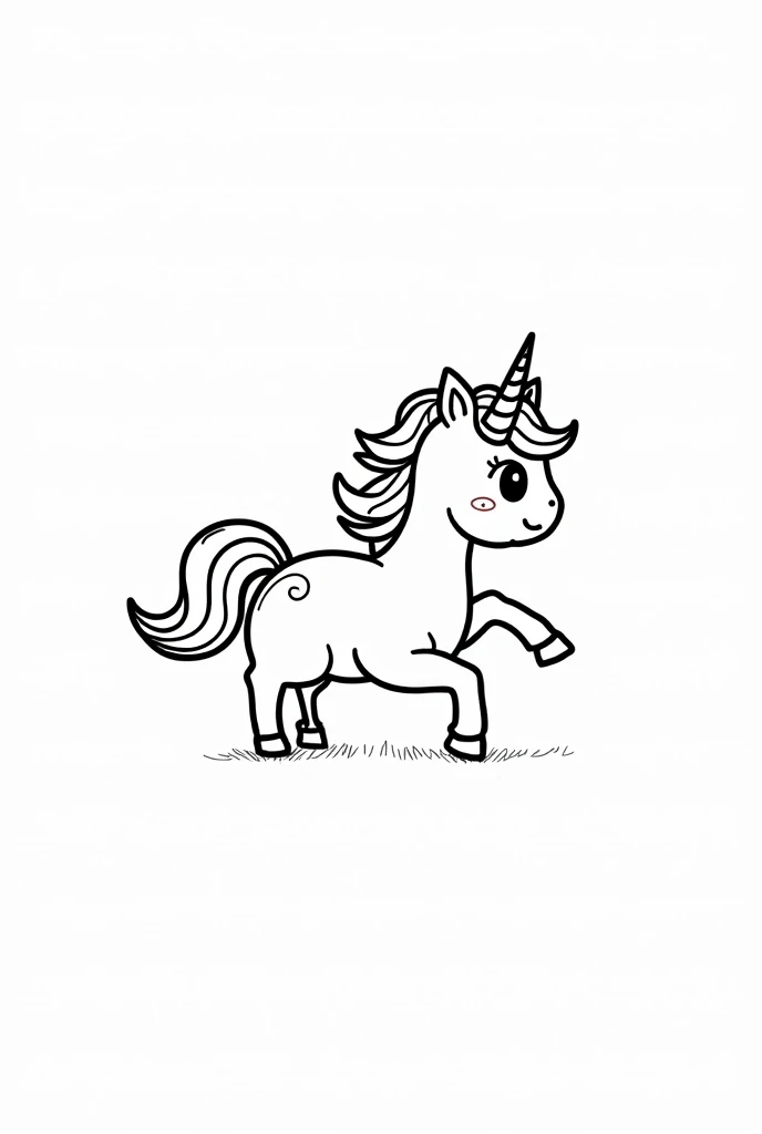 Drawing for kids to colour, white background, no grey scaling, no dark shadows, no colours, cute adorable unicorn funny image.