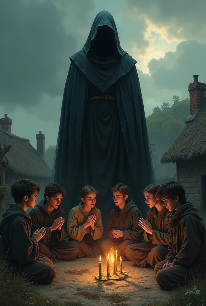 Young medieval villagers make a pact with a god of death